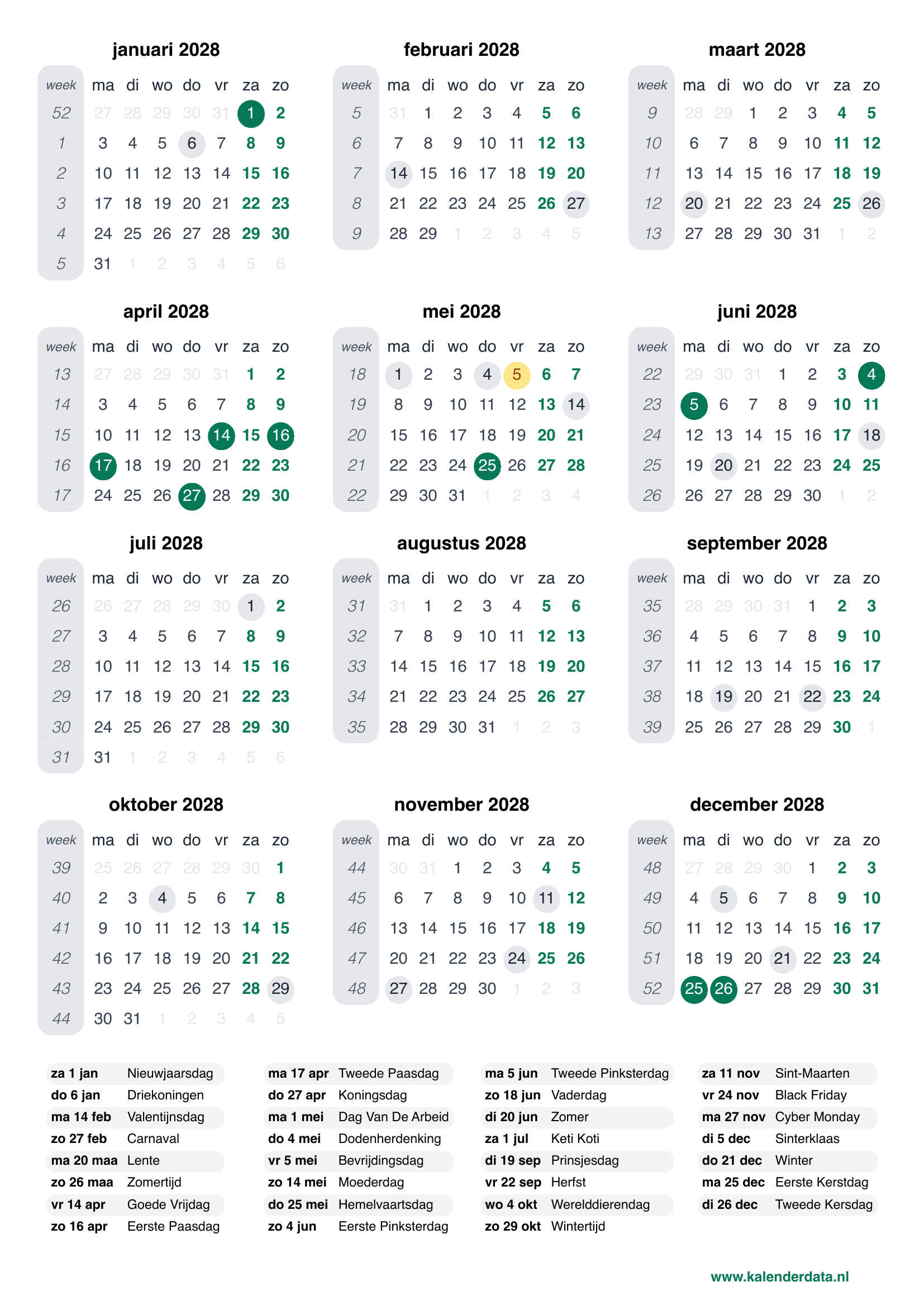 Kalender 2028 Met Weeknummers En Feestdagen